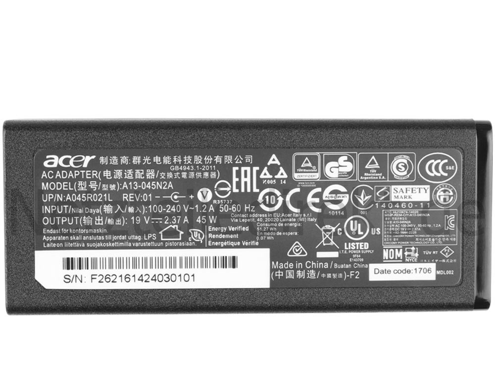 Original Netzteil Ladegerät Acer SF314-52-52RM NX.GQGEZ.002 45W + Kabel